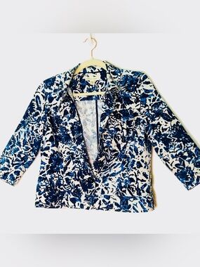 Coldwater Creek Blue & White Abstract Print Jean Jacket Trucker Style SZ 10